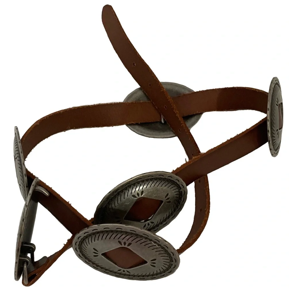 Vintage western brown leather belt; silver medallions; adjustable strap; ~37” L